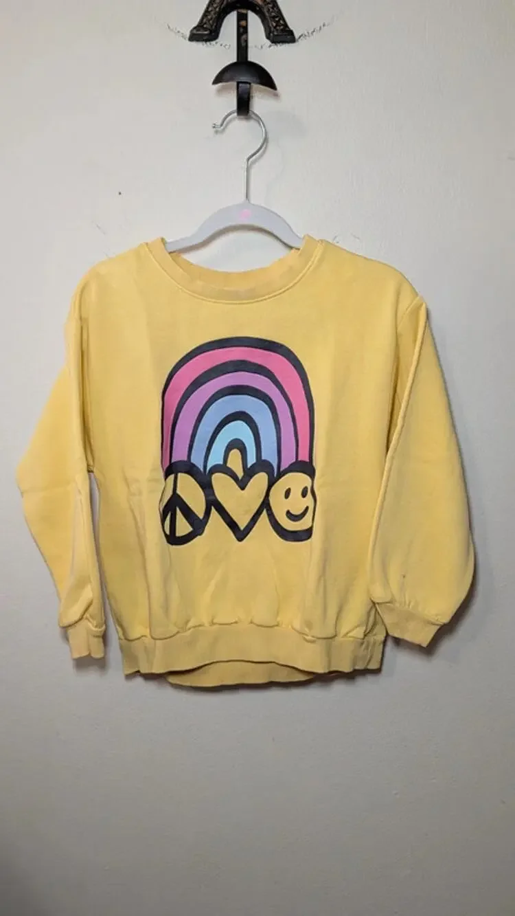Old Navy Kids Yellow Rainbow Sweatshirt Peace Love Happiness Girls Size 6T